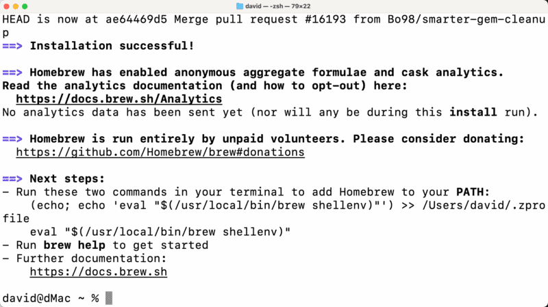 Terminal displaying an Installation successful message after Homebrew finishes installing on a Mac