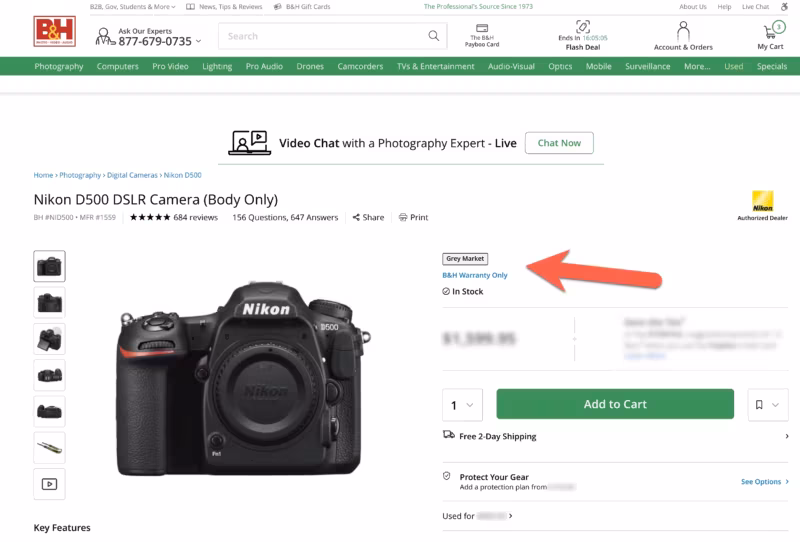 Grey market camera listing example on B&H Photo
