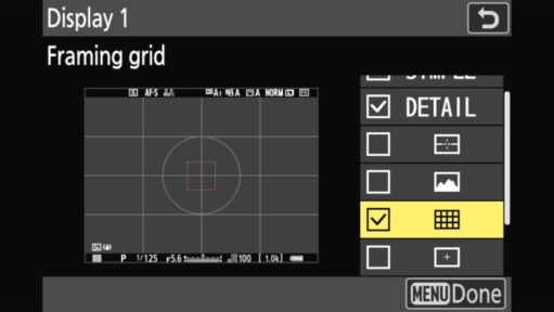 Screenshot of menu system for How to Enable Framing Grids on the Nikon Zf