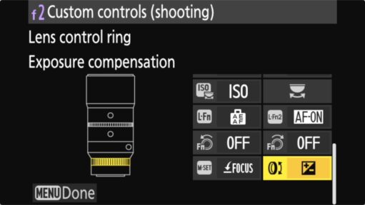 Screenshot of Nikon Z8 menu system for Lens Control Ring Exposure Compensation