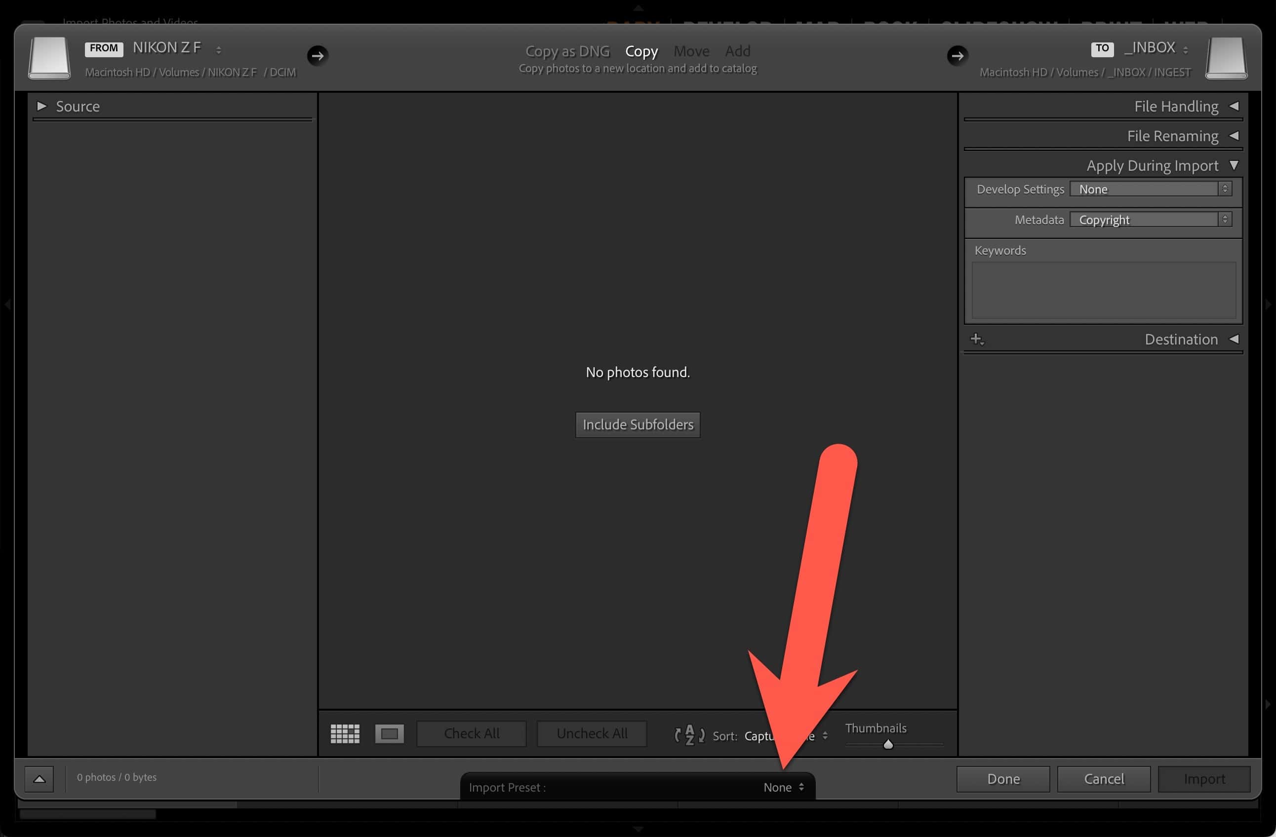Screenshot of Lightroom Classic Import Metadata Preset for Applying Copyright IPTC Information
