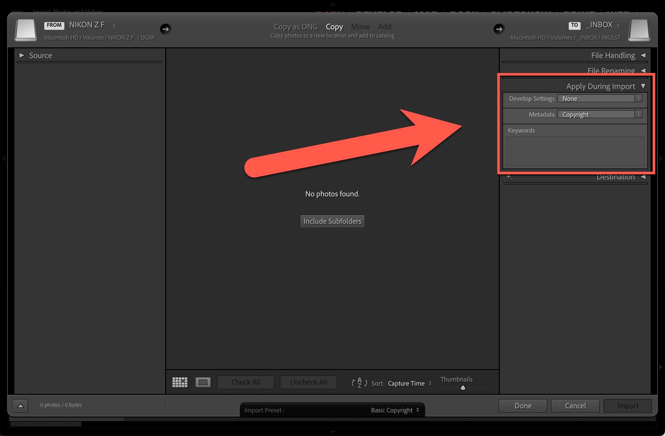 Screenshot of Lightroom Classic Import Metadata Preset for Applying Copyright IPTC Information