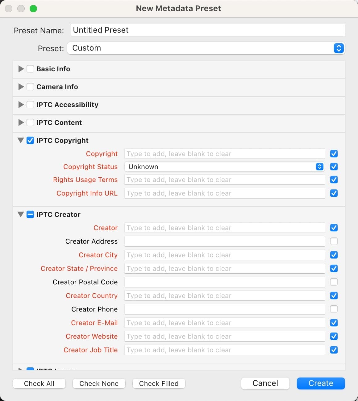 Screenshot of Lightroom Classic Import Metadata Preset for Applying Copyright IPTC Information