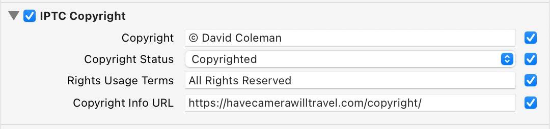 Screenshot of Lightroom Classic Import Metadata Preset for Applying Copyright IPTC Information