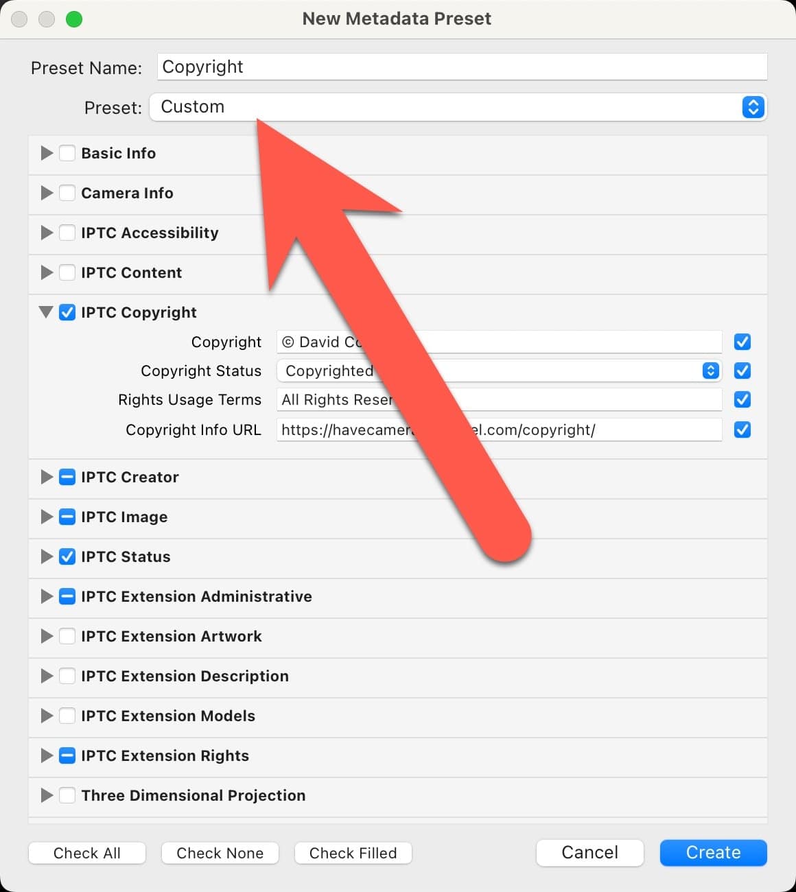 Screenshot of Lightroom Classic Import Metadata Preset for Applying Copyright IPTC Information