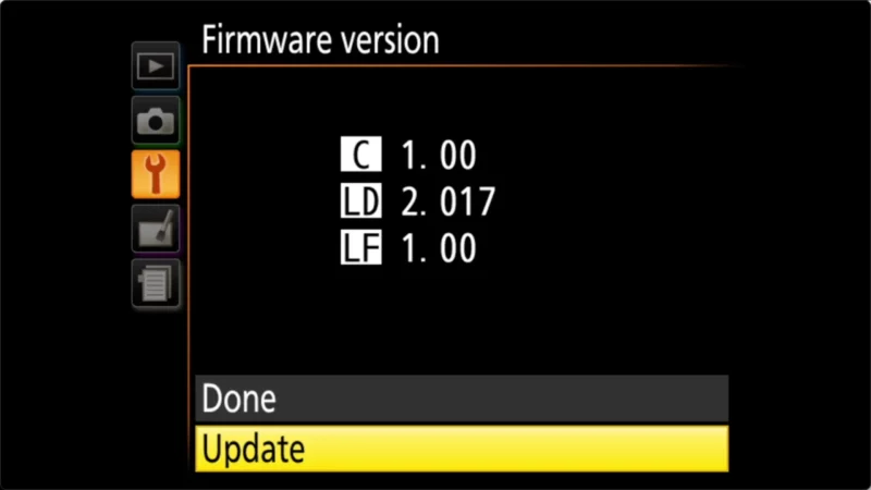 Screenshot of Nikon D3500 Menu System During Firmware Update Process