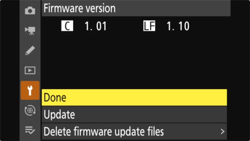 Screenshot of Nikon Z8 Firmware Update Setup Menu