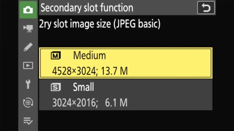 Nikon Zf menu showing JPEG basic image size options, Medium and Small, for the secondary card slot