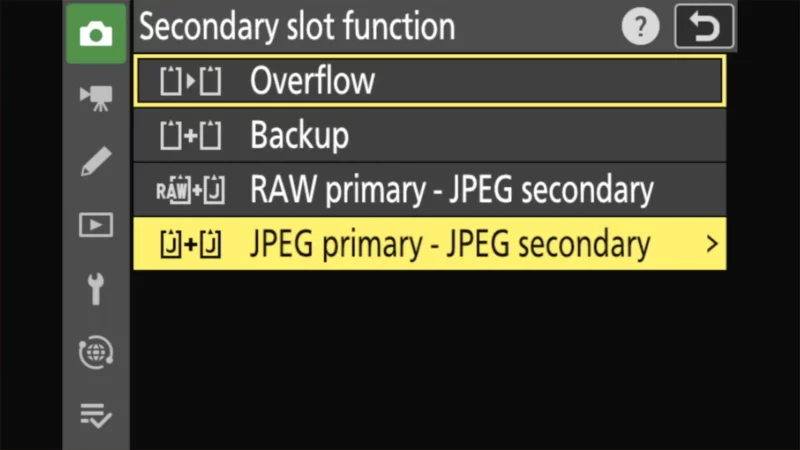 Nikon Zf secondary slot function menu with JPEG primary - JPEG secondary option highlighted