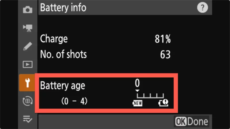 Screenshot of Nikon Z8 Menu System for Battery Health Check