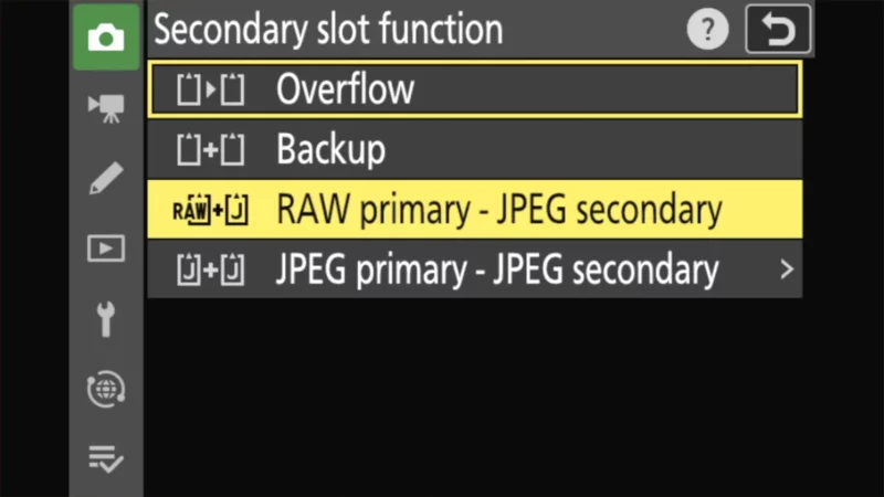Nikon Zf secondary slot function menu with RAW primary - JPEG secondary option highlighted