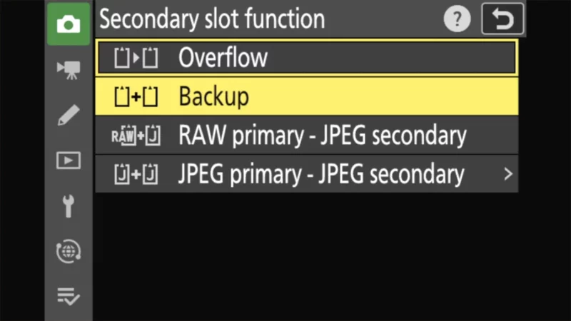 Nikon Zf secondary slot function menu with Backup option highlighted for dual card recording