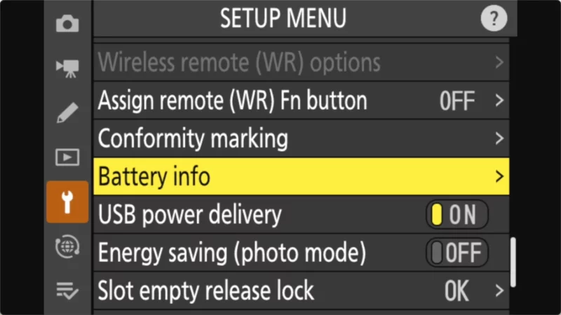Screenshot of Nikon Z8 Menu System for Battery Health Check