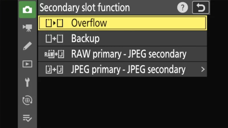 Nikon Zf secondary slot function menu with Overflow option highlighted among four choices