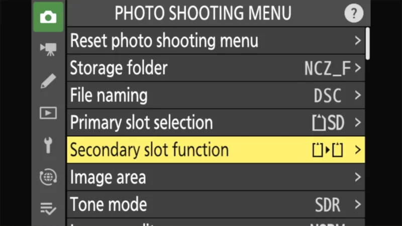 Nikon Zf photo shooting menu with Secondary slot function option highlighted for configuration