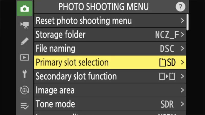 Nikon Zf photo shooting menu with Primary slot selection highlighted and set to SD