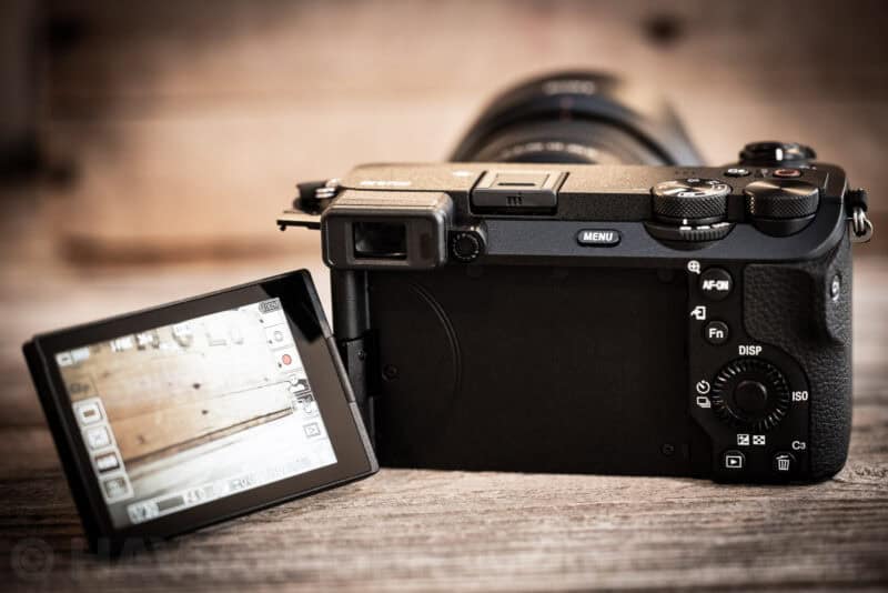 Sony a6700 with its articulating rear touchscreen flipped out and facing forward
