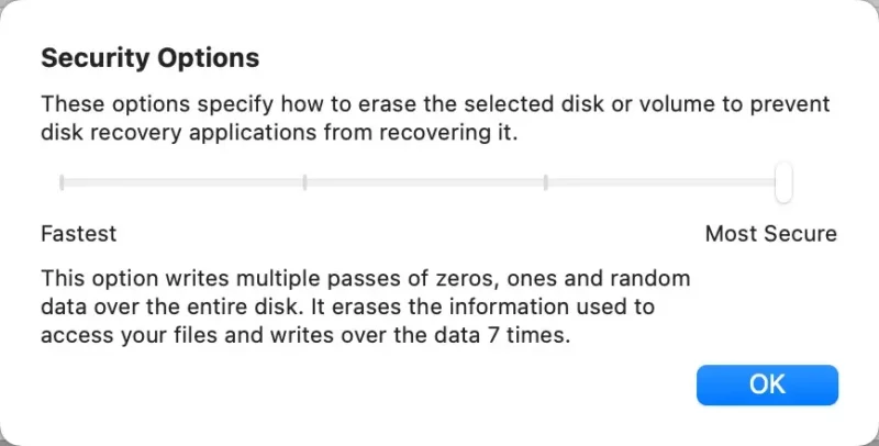 Screenshot of macOS Disk Utility process for securely wiping an SD card