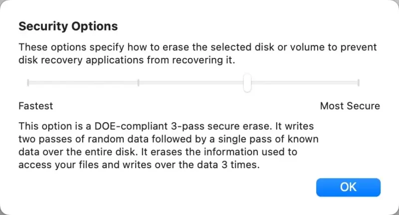 Screenshot of macOS Disk Utility process for securely wiping an SD card