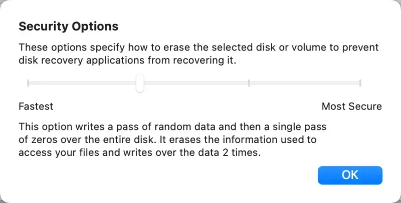 Screenshot of macOS Disk Utility process for securely wiping an SD card