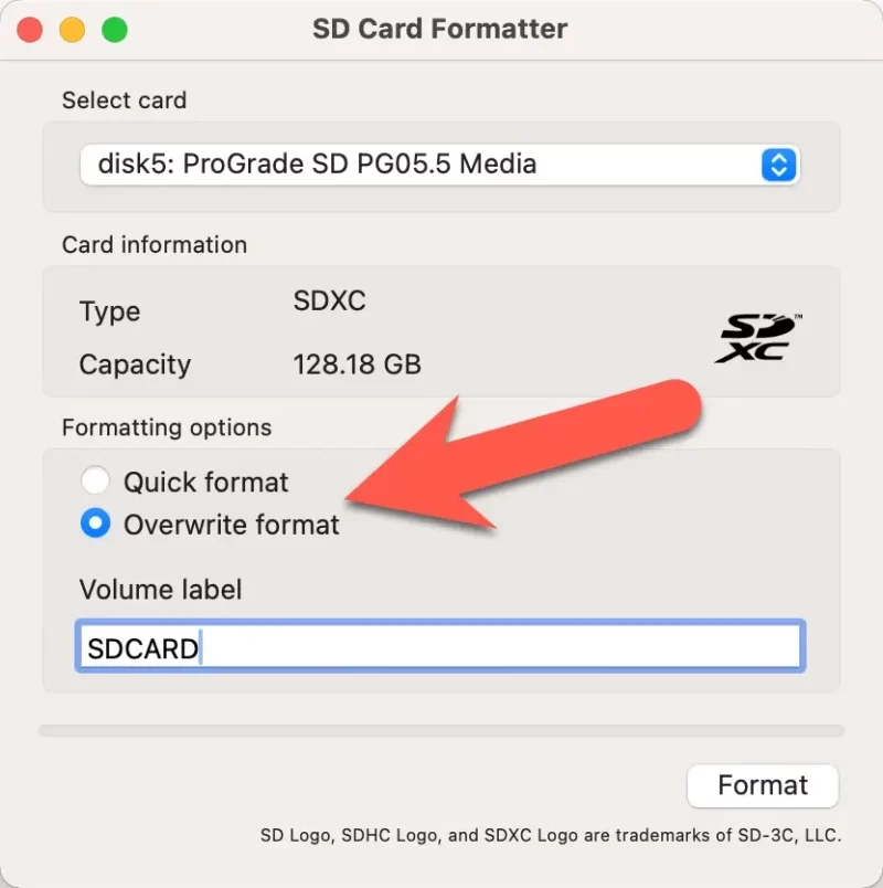 Screenshot of SD Card Formatter Overwrite format