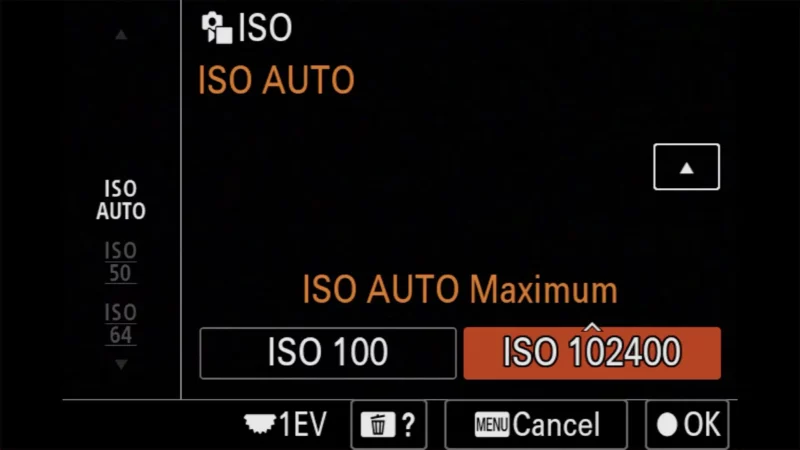 Sony a6700 ISO Auto submenu with ISO Auto Maximum set to ISO 102400