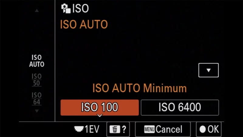Sony a6700 ISO Auto submenu with ISO Auto Minimum set to ISO 100