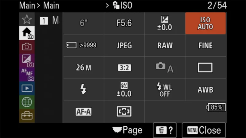Sony a6700 quick settings menu with ISO Auto highlighted in orange among camera settings