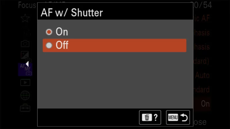 Sony a6700 AF w/ Shutter popup menu with the Off option highlighted for selection
