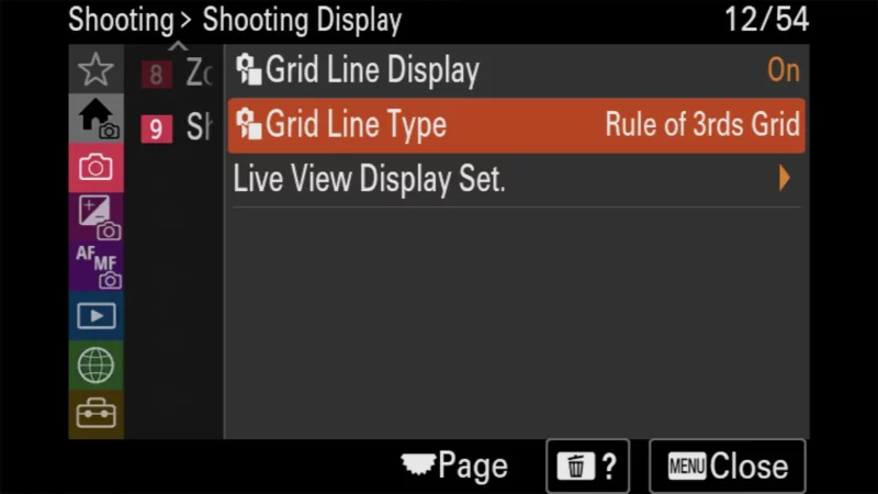 Sony a6700 Shooting Display submenu with Grid Line Display set to On and Grid Line Type highlighted