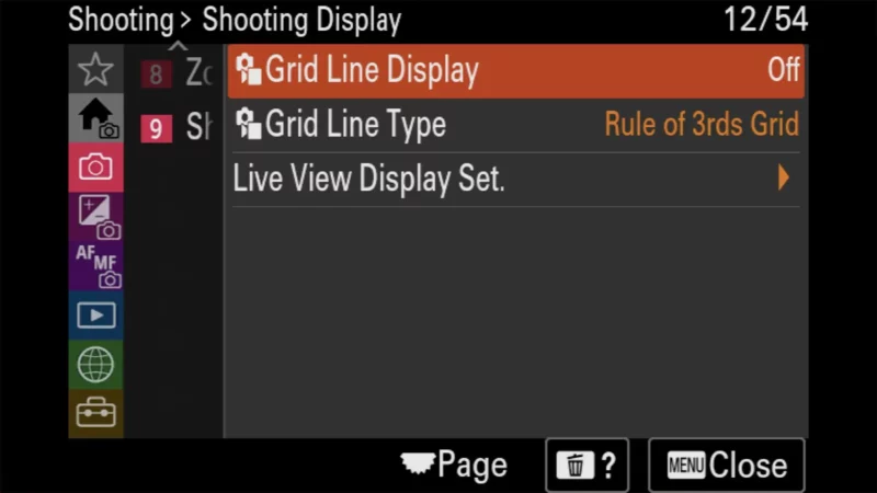 Sony a6700 Shooting Display submenu with Grid Line Display set to Off and Grid Line Type shown