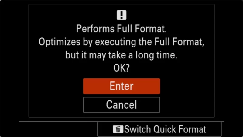Sony a6700 confirmation screen for performing a Full Format with Enter highlighted