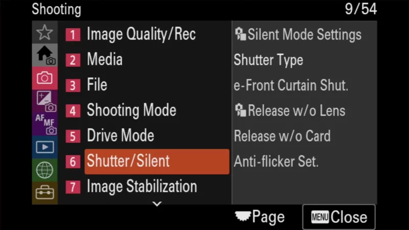Sony a6700 Shooting menu with Shutter/Silent option highlighted among numbered settings