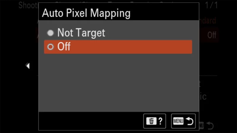 Sony a6700 Auto Pixel Mapping menu with the Off option selected