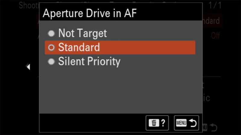 Sony a6700 Aperture Drive in AF menu with Standard option selected over Silent Priority