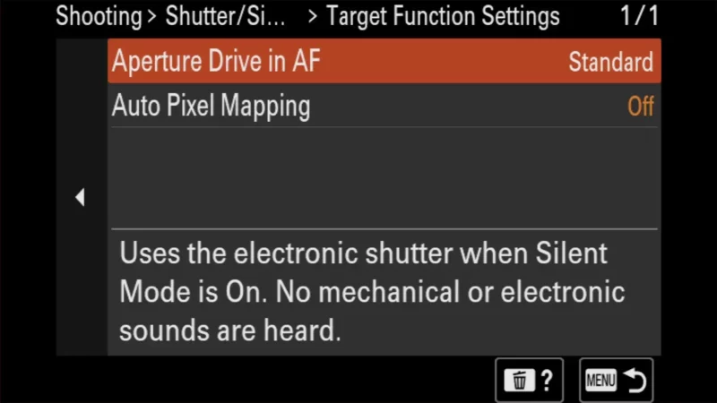 Sony a6700 Target Function Settings screen showing Aperture Drive in AF and Auto Pixel Mapping