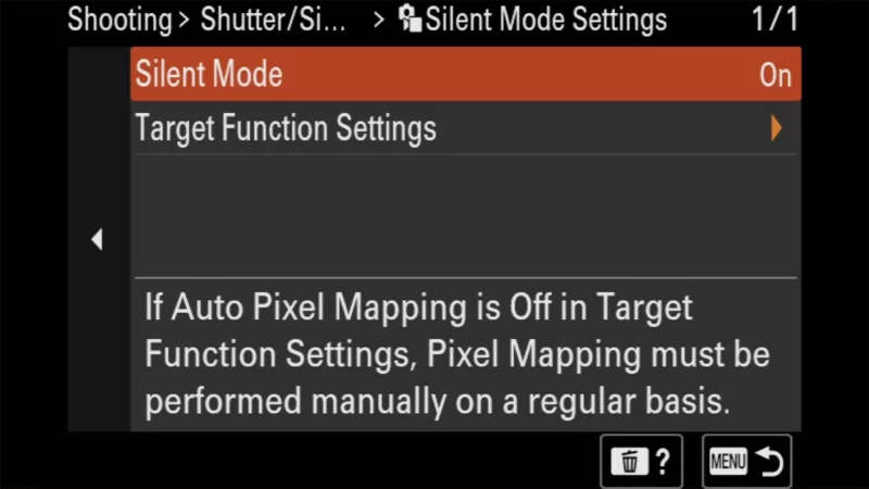Sony a6700 Silent Mode Settings screen with Silent Mode toggled On