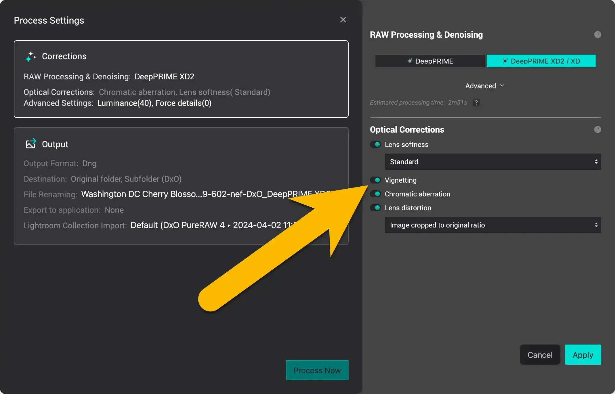 Screenshot of DxO PureRAW panel for correcting lens vignetting before panorama stitching