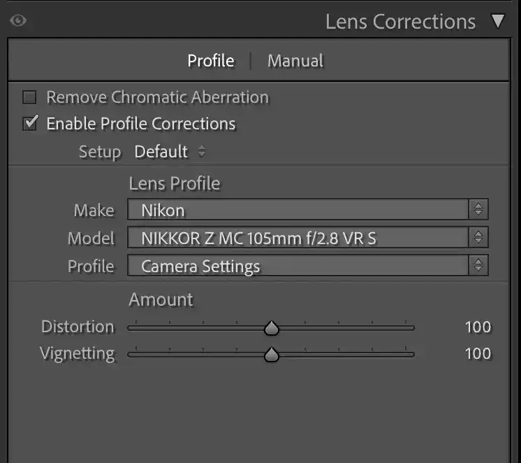 Screenshot of the Lightroom Classic Lens Corrections panel showing the vignetting slider