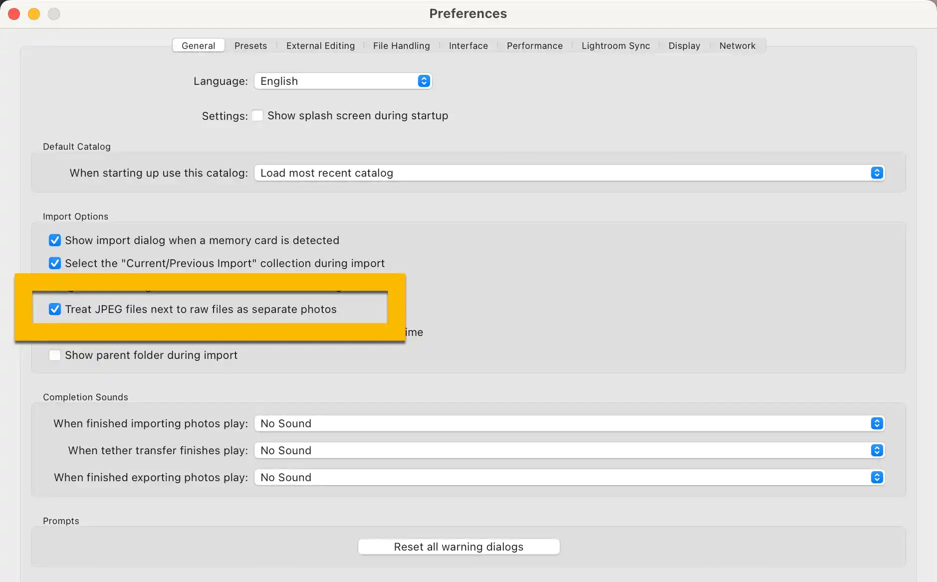 Screenshot of Lightroom Classic Preference panel for Treat JPEG files next raw files as separate photos
