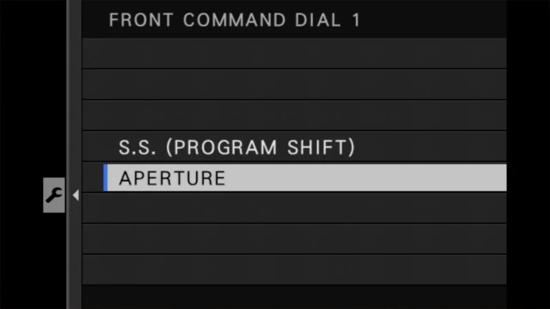 Fujifilm X100VI Front Command Dial 1 menu with Aperture option highlighted below Program Shift