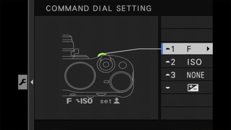 Fujifilm X100VI Command Dial Setting screen showing front dial mapped to F with ISO and None options