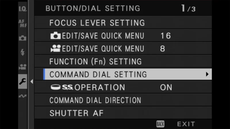 Fujifilm X100VI Button/Dial Setting screen with Command Dial Setting option selected