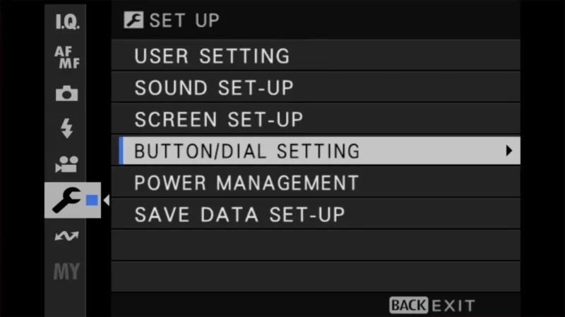 Fujifilm X100VI setup menu with Button/Dial Setting highlighted among setup options