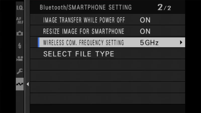 X100VI Bluetooth/Smartphone Setting screen showing Wireless Com. Frequency Setting switched to 5GHz
