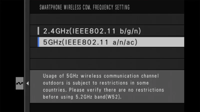 Smartphone wireless communication frequency setting screen with 5GHz IEEE802.11 a/n/ac option selected