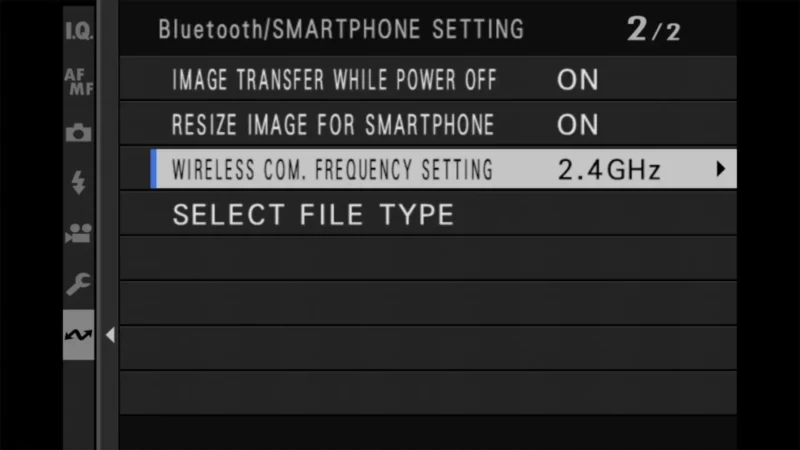X100VI Bluetooth/Smartphone Setting screen showing Wireless Com. Frequency Setting set to 2.4GHz