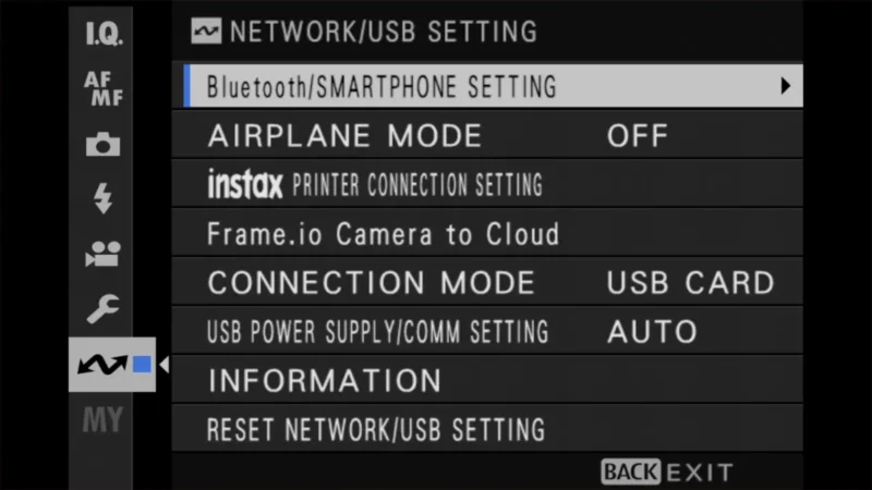 Fujifilm X100VI network/USB setting menu with Bluetooth/SMARTPHONE SETTING option highlighted