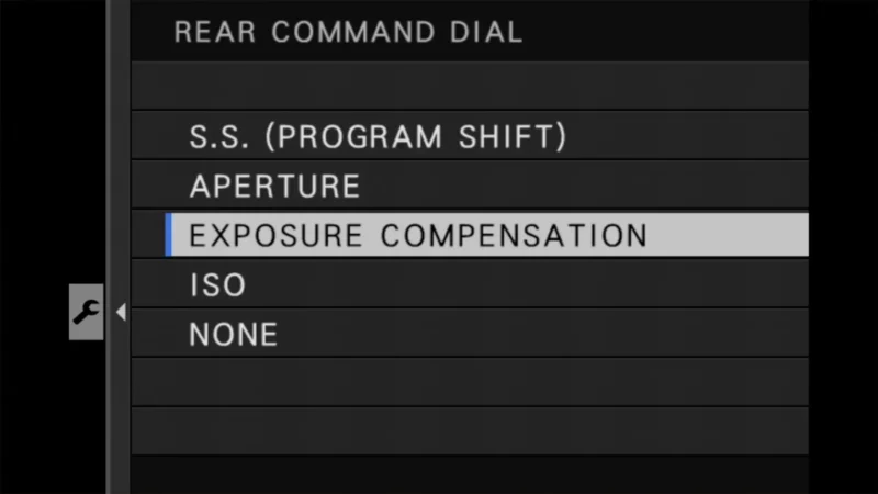 Fujifilm rear command dial menu listing exposure compensation among the selectable options