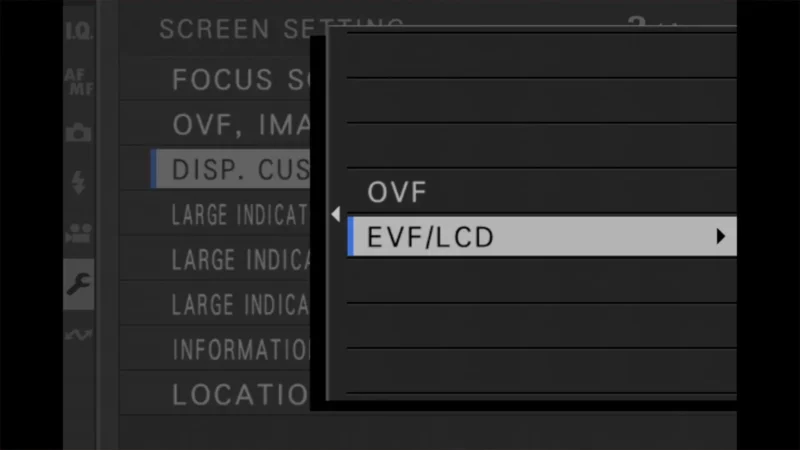 Fujifilm display custom setting menu showing OVF and EVF/LCD selection options